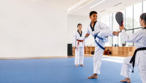 A BASIS International School Bangkok student practising a taekwondo kick with an instructor